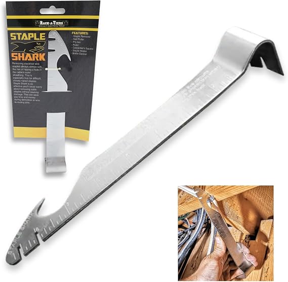 Rack-A-Tiers Staple Shark - Multi-Purpose Staple Puller & Prybar, Electrical Wire Staple Remover, Nail Puller, Speed Square (52455)