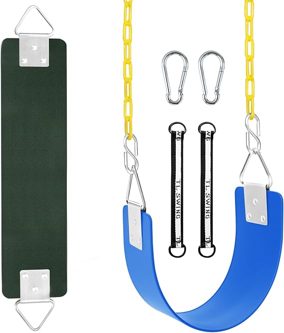 Green Swing Seat with Metal Triangle Ring Bundle with Blue Swing Set Seat with Metal Triangle Ring & 66Inch Anti-Rust Chains
