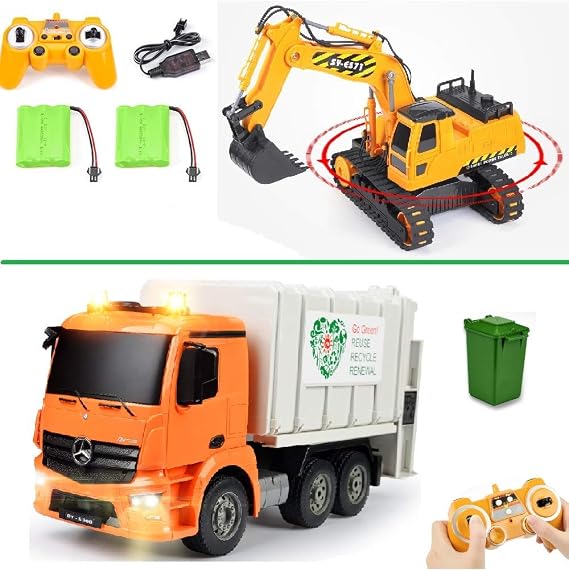 DOUBLE E Remote Control Excavator Toy + Garbage Truck Toy