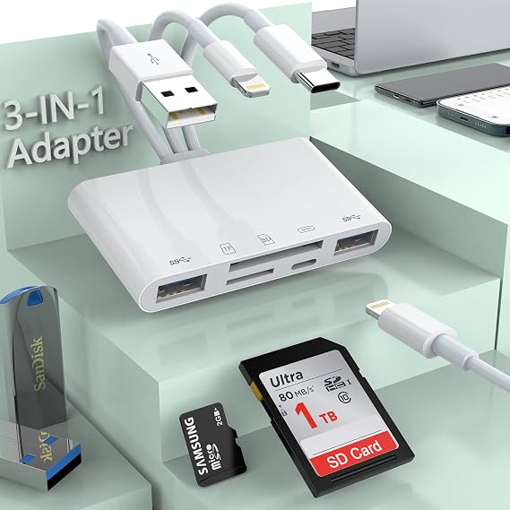 Apple MFi Certified Multi 5-in-1 SD TF Memory Card Reader with SD/Micro SD/SDHC/SDXC/MMC,Lightning+Type C+USB A OTG Adapter for iPhone/iPad/Android/MacBook/PC/Tablet/Camera/Hard Disk/Flash Drive
