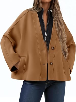 Yousify Womens Cropped Wool Blend Pea Coat Casual V Neck Button Down Short Jackets Fall Shackts with Pockets