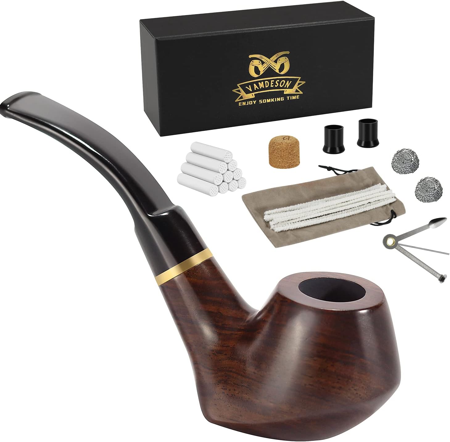 Vamdeson Tobacco Pipe, Flat Base without Pipe Stand, Handmade Ebony Tobacco Pipe Set, for Smoking with Gift Set and Accessories