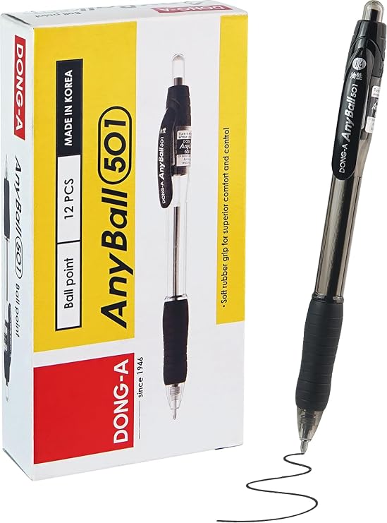 Dong-A Anyball Retractable Ballpoint Pens, 1.4mm Bold Point Ballpen, 12 Count/ 1 Pack - Black, 12 Count (Pack of 1)