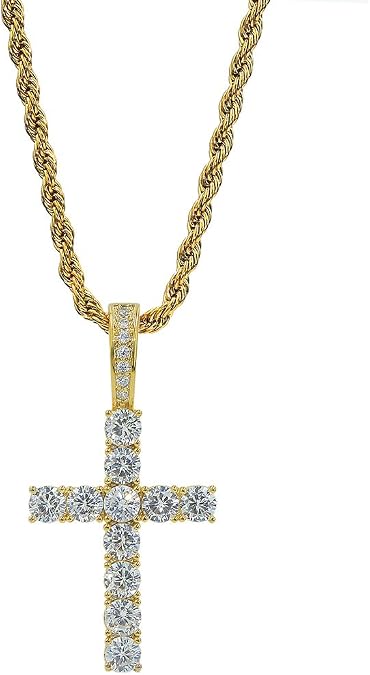 TOPGRILLZ Cross Necklace for Men Gold Necklace for Women Gold Heart Cross Jewelry 14K Silver Plated Solid Iced Cubic Zirconia Stainless Steel Pendant Chain