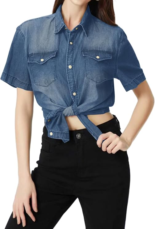 PerZeal Women's Summer Jeans T Shirt Casual Trendy Short Sleeve Button Down Denim Shirt with Poskets