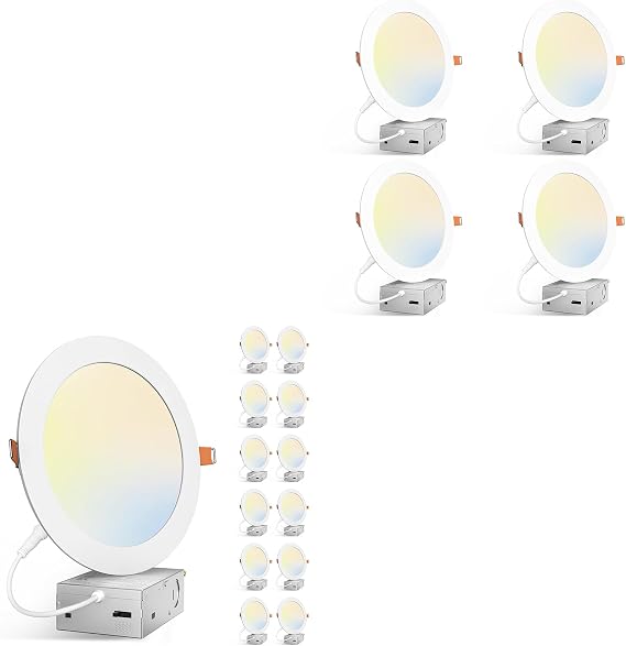 Amico 16 Pack 7 Inch 5CCT Ultra-Thin LED Canless Recessed Ceiling Light with Junction Box, 2700K/3000K/3500K/4000K/5000K Selectable, 15W=100W, 1300LM High Brightness, Dimmable Wafer Downlight-ETL&FCC