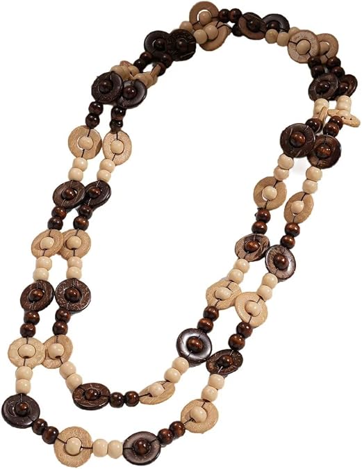 Zian Multilayer Bohemian Shell Wooden Beaded Necklaces Handmade Vintage Geometric Bead Sweater Chain Chunky Necklace Long Choker for Women Party Holiday Jewelry