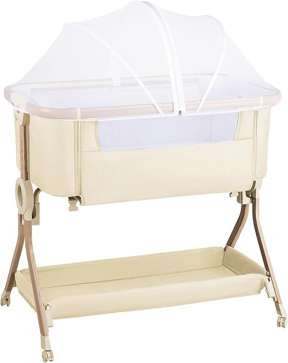 Larex Next To Me Crib，Baby Bassinet Bedside Sleeper Crib Co Sleeper with Mosquito Net, Storage Bag & Basket,Baby Crib with 5-Height Adjustable Levels, Breathable Mattress & Mesh(Khaki)