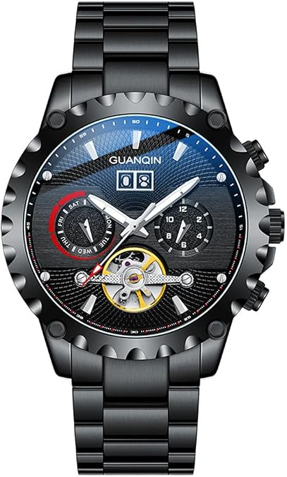GUANQIN Men Skeleton Multifunctional Dial Automatic Self-Wind Mechanical Wrist Watch Sapphire Business Double-Sided Hollow Waterproof Clock Man Luminous Calendar Stainless Steel Wristwatch