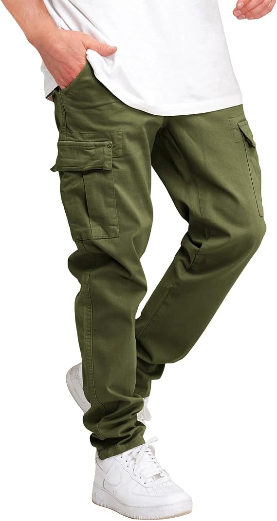 THWEI Cargo Pants for Men Casual Cotton Work Sweatpants | Drawstring Elastic Waist Joggers With Multi Pockets