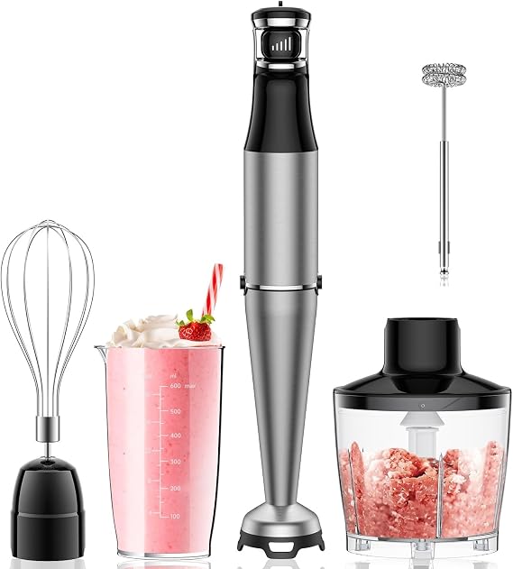Immersion Blender Handheld 1100W Corded 5 in 1 Hand Blender with Trigger Control Speed, Whisk, Milk Frother Attachments for Soup, Smoothie, Puree