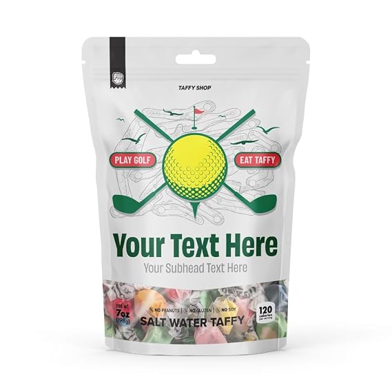 Taffy Shop Taffy Holey-In-Oney Personalized Salt Water Taffy Gift Bag -7 oz (30 Pieces), Gourmet Soft Chewy Candy, Individually Wrapped, Made in USA - Customize Golf Bag Design, Text & Flavors