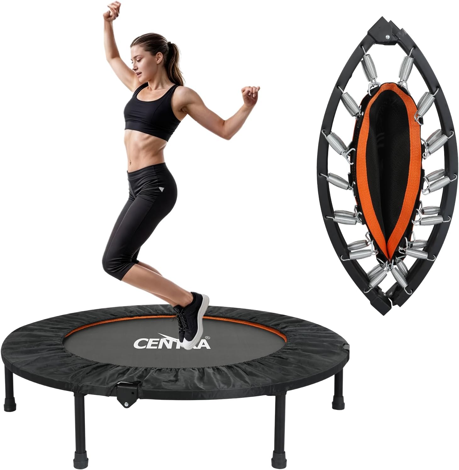 Centra Foldable Mini Trampoline for Adults - 150kg/330lbs Capacity, 4-Fold Ultra Quiet Rebounder with Adjustable Handle, Indoor Fitness Trampoline for Home Cardio Workout in Apartments