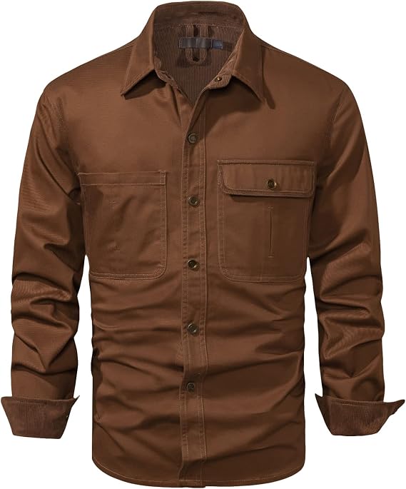 Men's Washed Long-Sleeved Cargo Shirt Lightweight Button Front Relaxed Fit Shirt Work wear 2 Pocket Shirt