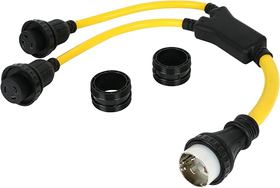 RV Marine Power Electrical Adapter, SS2-50P Male 50A Plug to (2) L5-30R Female Dual 30A Receptacle Shore Power Y Adapter Splitter for RV, Camper