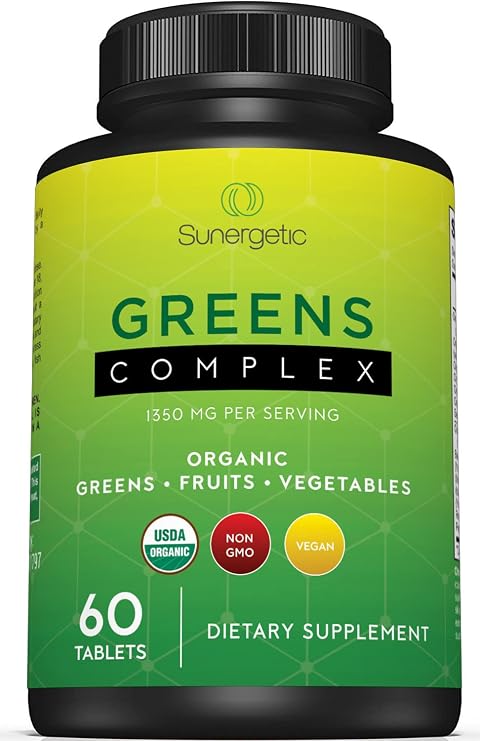 Sunergetic Premium USDA Organic Greens Superfood Tablets Greens Superfood Powder Includes Veggies, Fruits & Polyphenols Daily Greens Superfood Powder Supplement 60 Greens Tablets