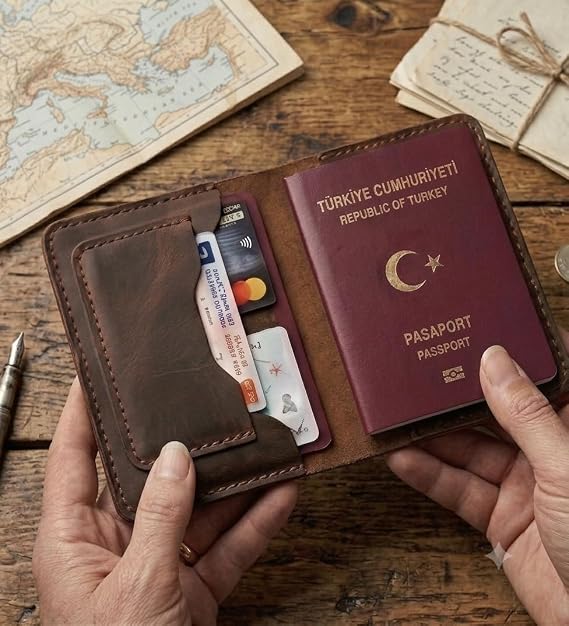 Pasaport CÜZDANI KILIFI V3 El Yapımı Hakiki Gerçek Deri Kılıf Cüzdan Kart Para Kadın Erkek (TABA)
