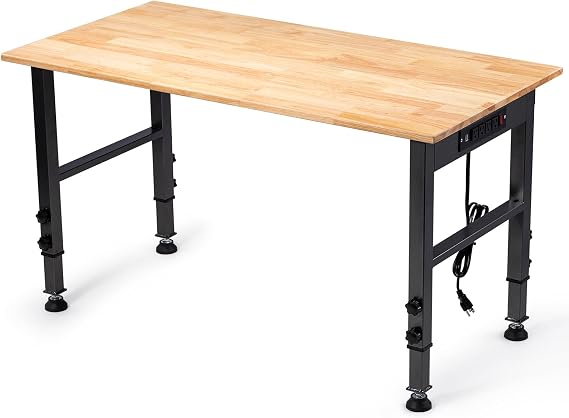 48" Height Adjustable Workbench, 2000 LBS Load Capacity Rubber Wood Top Workstation with Power Outlet and Foot Pads, Heavy-Duty Hardwood Worktable for Garage Workshop Home Office