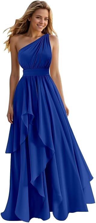 A Line One Shoulder Bridesmaid Dresses for Wedding Ruffles Chiffon Long Formal Evening Party Gowns with Pockets Royal Blue