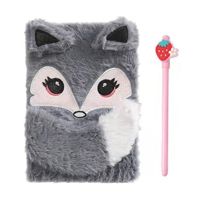 Clivetalos Plush Unicorn Rainbow Diary Notebook Fuzzy Journal Animal Lover Gifts for Kids Girls Teens Writing Pad A5 Lined 160 Pages Gray Fox