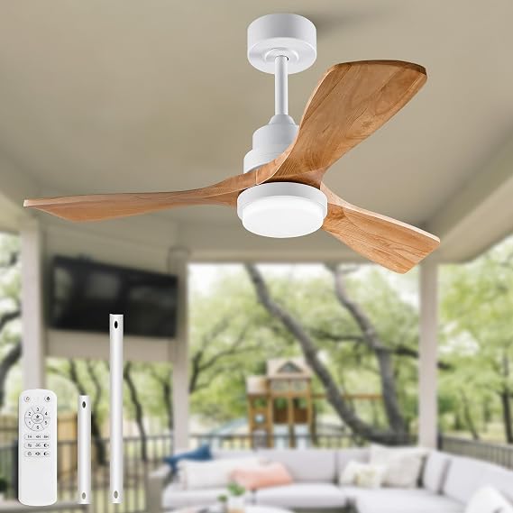 Dimmable 42 Inch Wood Ceiling Fans with Lights and Remote Control - White Outdoor Ceiling Fan with Light 3 Blades Outdoor Ceiling Fans for Patios Bedroom Ceiling Fan with Lights for Living Room Porch