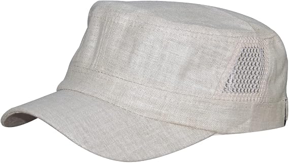 Mens Summer Breathable Linen Flax Cadet Army Basic Everyday Military Style Caps Hats Flat Top Mesh Sun Golf Baseball Cap Hat