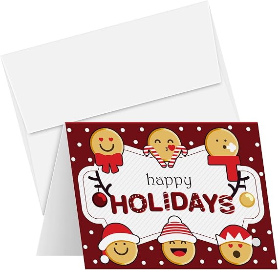 Happy Holidays Greeting Cards Red Blank Fold Over Card Stock & Envelopes, Funny and Cute Emoji, 4.25 x 5.5", 25 Cards and 25 Envelopes