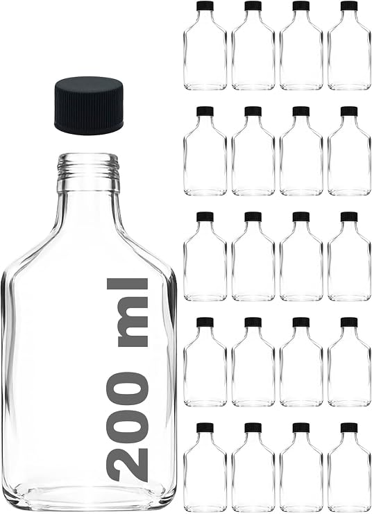 Afracam 200 ml Yassı Şeffaf Cold Brew Şişesi Siyah Plastik Kapaklı 200 cc Soğuk Kahve Cam Şişe 20 Adet