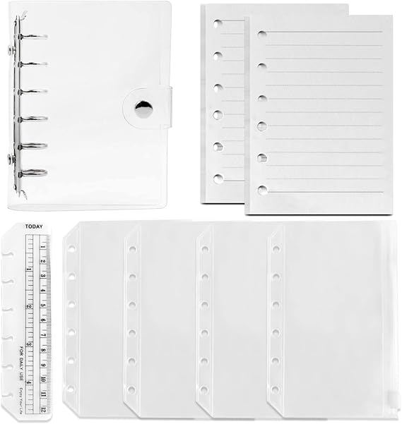 DY.2ten Refillable A7 Notebook Set with Cover 6 Holes Loose Leaf PVC Binder Cover + 90 Sheets (180 Pages) Lined Paper + 4 A7 Zipper Pockets + Ruler for 6 Ring Binder Journal