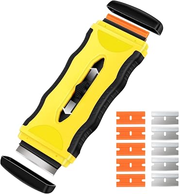 DEKEones Razor Blade Scraper, 1 Pack 2-in-1 Scraper Tool with 5Pcs Plastic Blades and 5 Pcs Metal Blades, Multifunctional Cleaning Razor Scraper for Stickers, Decals, Cooktop, OvenYellow