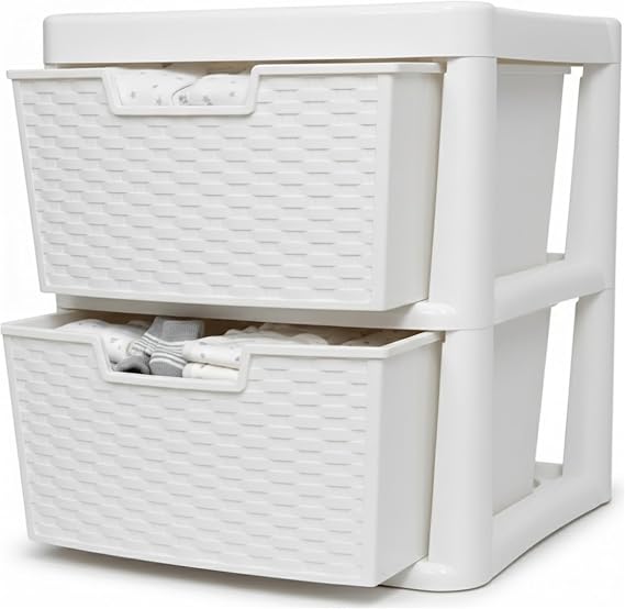 Large Plastic Rattan Drawer Storage Unit for Home Bedroom Bathroom Kitchen Organiser Stackable Drawers Durable Storage Solution Space Saver and Easy Access Storage - (Rattan White, 2 Tier)