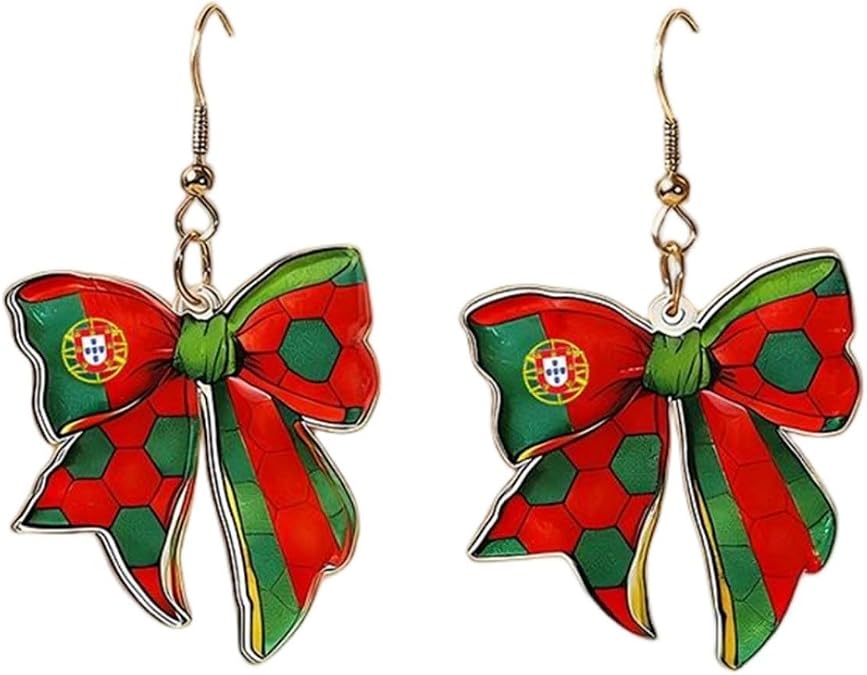Colorful Soccer National Flag Bow Earrings Acrylic Sports Themed Dangle Drop Earrings USA Spain Brazil France England Flag Soccer Jewelry for Fans