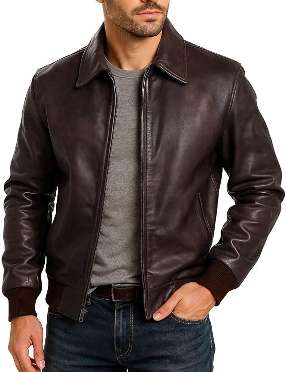 Mens Brown Real Lambskin Bomber Jacket - Classic Vintage Style Casual Motorcycle Leather Bomber Jacket Men