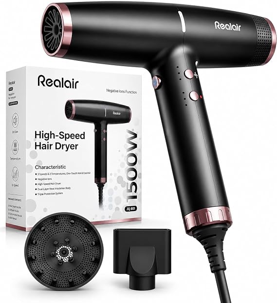 Professional Ionic Hair Dryer with Diffuser | Negative Ion Care, Intelligent Heat Control, Rapid Drying, Lightweight Handling and Low-noise Results for All Hair Types