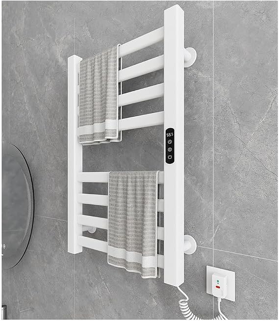 Heated Towel Racks for Bathroom, Electric Towel Warmer Wall Mounted 8 Bars with Built-in Timer, Towel Drying Rack with Temperature Adjustment 86-158F / 30-70C,A White,Right Line