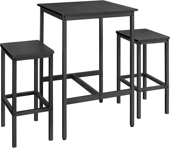 VASAGLE Bar Table and Chairs Set, Square, with 2 Stools, Space Saving | Dining Pub Set for 2, Kitchen Breakfast, Living Room, Party Room, Ebony Black and Matte Black, BARNET Collection ULBT017B56