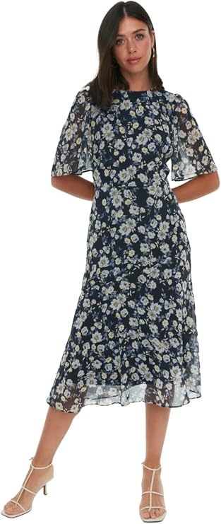 Trendyol Women's Boat Neck Flute Sleeve Navy Blue Dress