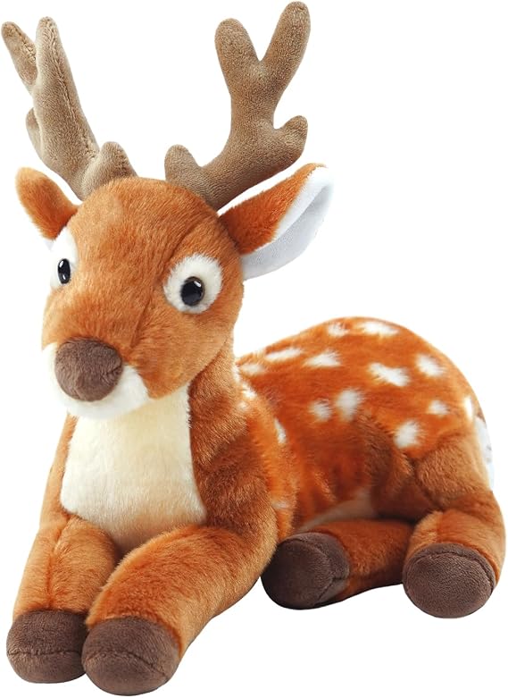 Realistic Stuffed Deer Plush - 10'' Lying Pose Male Buck with Majestic Antlers, Soft Cuddly Companion for Kids & Adults, Woodland Plush for Playtime & Bedroom Decor