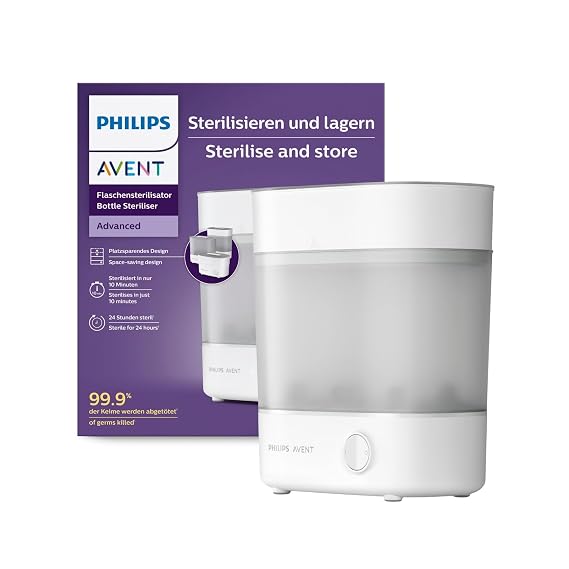 Philips Avent Advanced Bottle Sterilizer, Fits 6 Bottles & Accessories | 99.9% Germ-Free, Chemical-Free Steam, 6-Minute Cycle, Sterile up to 24 Hrs, Adjustable Configuration, SCF291/00