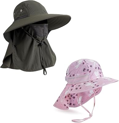 Mens Women Fishing Hat UPF 50 Wide Brim Sun Hat with Face Cover & Neck Flap and Kids Sun Hat UPF 50 Boy Girl Protection Hat Wide Brim Beach Hats
