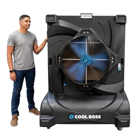 BendPak Cool Boss CoolBlast Evaporative Air Cooler, 80-Gallon Tank, 10,645 CFM, Covers 2,125 Sq. Ft., Remote Control, HDPE Housing, Built-in Timer, Indoor/Outdoor Use for Garage, Patio, Commercial