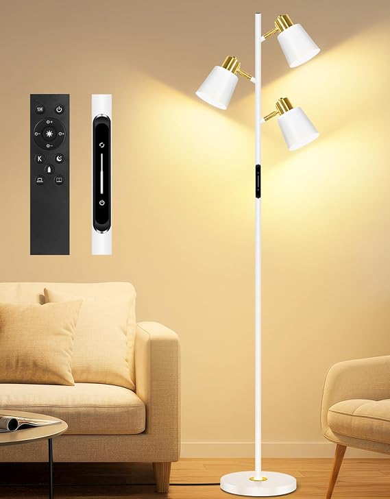 OUTON Tree Floor Lamp, LED Dimmable Floor Lamp with Remote and Touch Slide Control, 4 Color Temperatures, 3 Rotatable Lights, Modern Standing Lamp for Living Room Bedroom Office, Bulbs Included,White