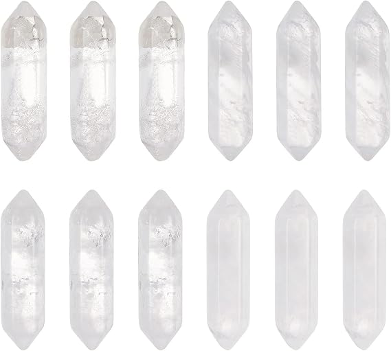 OLYCRAFT 12Pcs Natural Quartz Crystal White Quartz Point Hexagonal Crystal Double Terminated Points Wands No Hole Pendants Gemstone Point Decor for DIY Crafts Necklace Jewelry Making