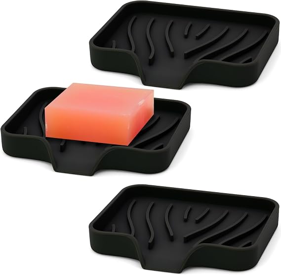 AIMAIAIMAI 3-Pack Silicone Soap Dish Set Bar Soap Holder with Self-Draining Design, Easy-Clean Tray for Shower, Bathroom, Kitchen, and Tub (Black)