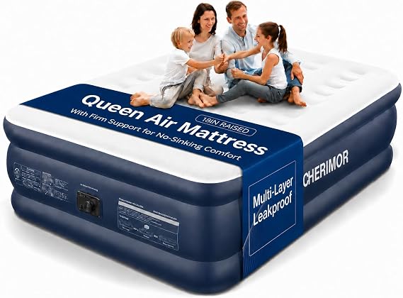 CHERIMOR Queen Air Mattress with Built in Pump, 18" Elevated Height, Multi-Layer Leakproof, 800 lbs Capacity, Fast 3-Min Inflation Blow Up Mattress for Guest Room & Sleepover