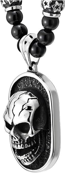 COOLSTEELANDBEYOND Gothic Style Skull Pendant Necklace for Men Black Onyx Beads Chain Stainless Steel Blackened Dog Tag