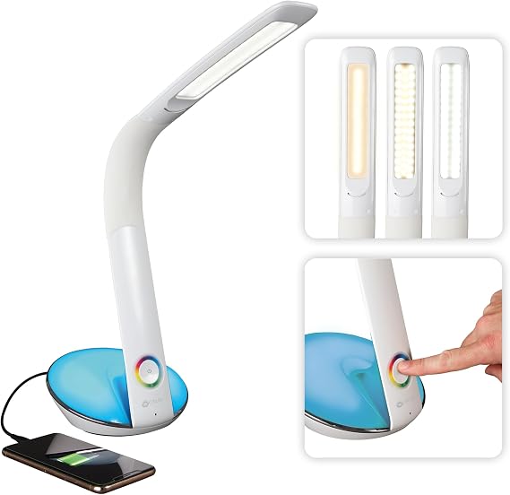 OttLite LED Desk Lamp with Color Changing Base and USB Port, White