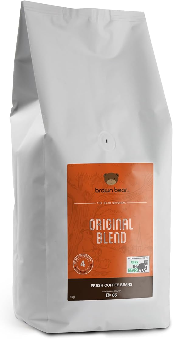 Medium Dark Roast Crema Strong Espresso Coffee Beans 1kg - Brown Bear Original Espresso Blend - Strength 4 - for All Coffee Machines - Donation to Free The Bears