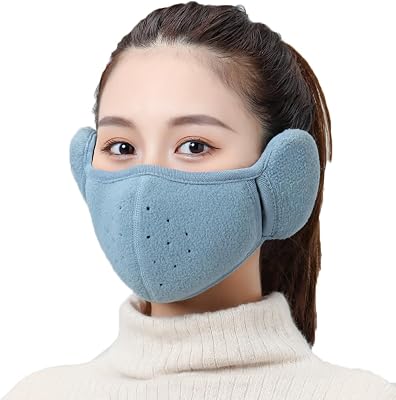 Womens Winter Warm Windproof Mask with Fluffy Ear Covers - Thick Dustproof Breathable Mouth Cover Half Face Earflaps
