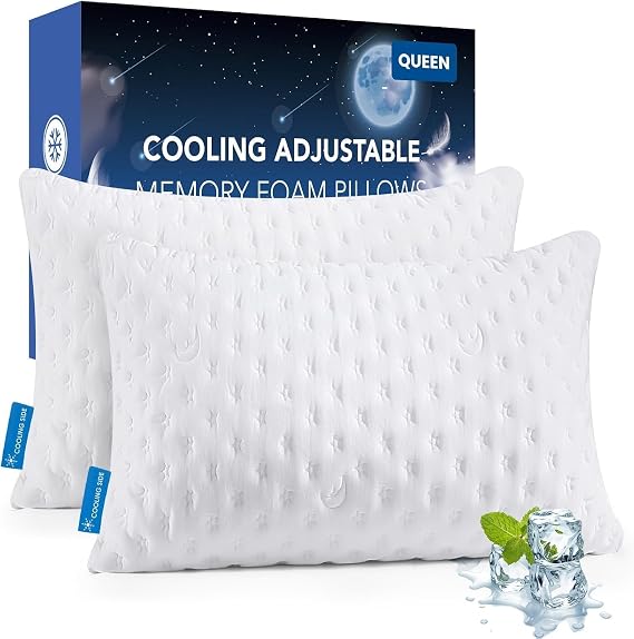 Luxury Shredded Memory Foam Pillows 2 Pack Cooling Pillow For Hot Sleepers, Adjustable Memory Foam Bed Pillow,Medium Firm Side Sleeper Pillow for Side Back Stomach Sleepers Pillow